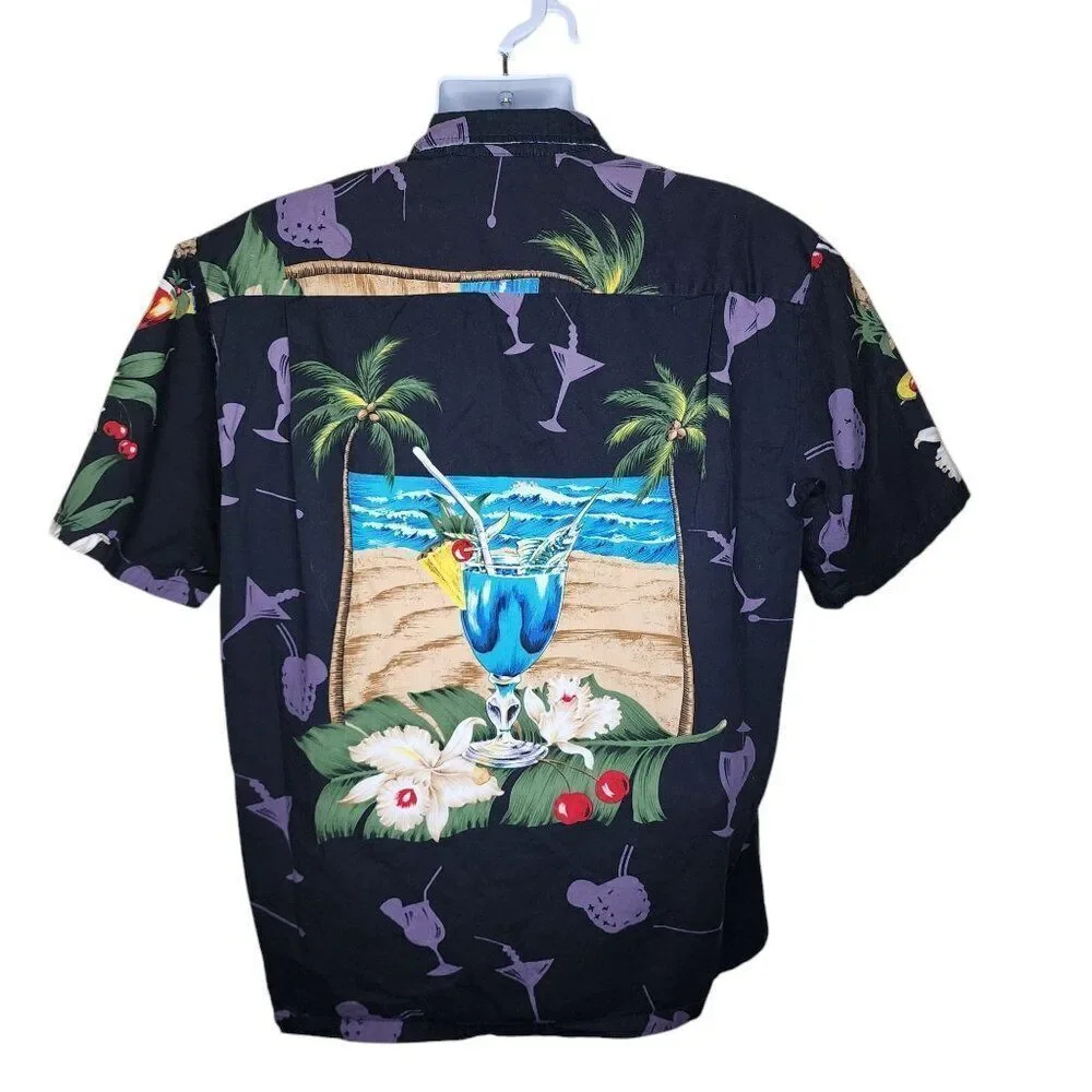 Vintage 80s Short Sleeve Button Up Hawaiian Shirt Mens Size XL Black Cocktails